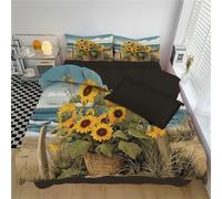 Copripiumino Singolo 135 X 200 Cm - Set Parure Copripiumino Singolo In 100% Microfibra 2 Pezzi Con 1 Federa (50X75Cm) Con Chiusura A Cerniera, Girasoli Da Spiaggia Paesaggio Rurale Della Spiaggia