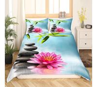 Copripiumino Singolo 135x200 cm Asia Orientale Set di Biancheria da Letto Stampa 3D Pietra di Loto Copripiumini con Cerniera in Morbida Microfibra e 2 Federe 50x80 cm C-2774