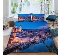 Copripiumino Singolo 155x200 cm Architettura Urbana in Morbido Microfibra 3D Biancheria da Letto Scena Notturna 3 Pezzi incluso 1 Copripiumini e 2 Federe 50x80 cm I.716