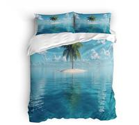 Copripiumino Singolo 155x220cm Alberi Di Cocco Dell'isola Vista Mare 3D Set di Biancheria da Letto Con Microfibra Comfort Morbida 3-Pezzi con 2 Federe 50x75 con Cerniera e Fascette Angolari