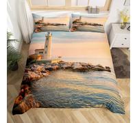 Copripiumino Singolo Bambino 135x200 Faro Set di Biancheria da Letto Stampa 3D Vista Sull'oceano Copri Piumino in Morbido Microfibra Copripiumini con Cerniere e 2 Federe D-992