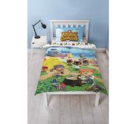 Copripiumino singolo con motivo a tema Animal Crossing reversibile su due lati, Biancheria da letto divertente in policotone con federa coordinata, multicolore, 200 x 135 cm, per letto singolo