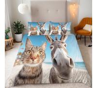 Copripiumino Singolo Gatto Asino 155x220 cm + 2 Federe 50x80 cm Set Copripiumino Spiaggia Animale 3D Stampa Microfibra Comfort Lavabile In Lavatrice Cerniera Invisibile Lacci a Quattro Angoli