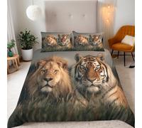 Copripiumino Singolo Leone Tigre 155x220 cm Copripiumino Prateria Animale 3D Squisita Stampa Set di Biancheria da Letto Microfibra Cerniera Invisibile Lacci a Quattro Angoli 2 Federe 50x80 cm