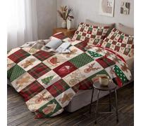 Copripiumino Singolo Patchwork Scozzese Natalizio 200X200Cm | 3D Set Copripiumino Albero Campagna Omino Pan Jengibre Morbida Microfibra, Biancheria Da Letto 3 Pezzi Con 2 Federe 50X80 Cm, Rosso Verde