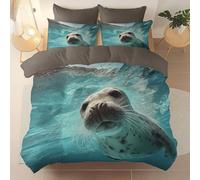 Copripiumino Stampato Adatto Ad Adulti E Bambini, Animale Foca Oceano Tema Set Di Biancheria Da Letto, Grigio Copripiumino Facile Da Pulire Comfort, Viene Fornito Con Un Copripiumino 220 X 260 cm