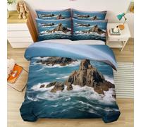 Copripiumino Stampato Blu Oceano, Ragazze E Donne, Vento Mediterraneo Faro Scogliere 260 Cm X 220 Cm Set Di Biancheria Da Letto Con, Decorazione Per Camera Con 2 Federe Per Cuscino