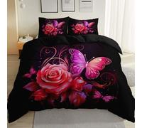 Copripiumino Stampato Cartone Animato Romantico Rosa Farfalla - Nero Durevole Set di Biancheria da Letto in Microfibra 3 pezzi per Adulti Adolescenti e Bambini, 230 x 220 cm