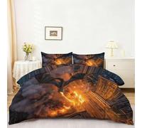 Copripiumino Stampato Fantasy Fiamma Città Drago - Set Copripiumini in Microfibra Morbida e Traspirante 240 x 220 cm, Colorato Copripiumino 3 pezzi con 2 Federa 50 x 75 cm