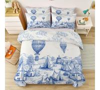 Copripiumino Stampato Singolo (135 x 200 cm) Set Copripiumino in Microfibra, Linee d'inchiostro Avventura Mongolfiera Reversibile + 2 Federa, Blu Ultra Morbido in Ipoallergenica Copripiumone