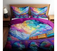 Copripiumino Treno Ponte Dell'Arcobaleno Nuvole, 3 pezzi - 220 x 240 cm (2 Federe 50 x 80 cm Incluse) Copripiumino Morbida Microfibra, Viola Copripiumone (Anallergico)