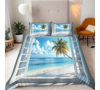 Copripiumino una Piazza e Mezza 200x200 Albero di Cocco da Spiaggia Set di Biancheria da Letto 3D Vista Dalla Finestra Copripiumini in Morbido Microfibra con Cerniere e 2 Federe 50x80 m.3045
