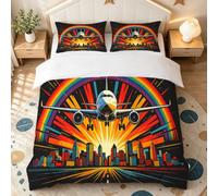 Copripiumino una Piazza e Mezza, 3 Pezzi Aereo Città Arcobaleno | 3D Set di Biancheria da Letto 200x200, con 2 Federe, 4 Lacci e Zip Nascosta,Lavabile in Lavatrice, Continuativo Domestico