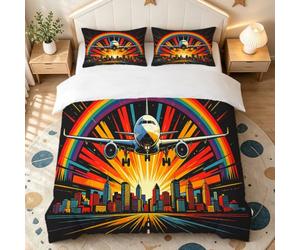 Copripiumino una Piazza e Mezza, 3 Pezzi Aereo Città Arcobaleno | 3D Set di Biancheria da Letto 200x200, con 2 Federe, 4 Lacci e Zip Nascosta,Lavabile in Lavatrice, Continuativo Domestico