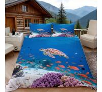 Copripiumino una Piazza e Mezza Animale Tartaruga Marina, Copripiumino Vita Marina 3D Microfibra Biancheria da Letto 200x200 Duvet Cover con 2 x Federe 50x80 cm