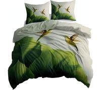 Copripiumino una Piazza e Mezza Animali Uccelli in Morbida Microfibra Set Biancheria da Letto Motivo Vegetale a Foglia Verde Sacco Piumino 200x200 Double Face Stampato in 3D e 2 Federe M-1621