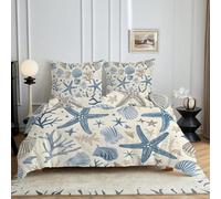Copripiumino Una Piazza e Mezza Blu Set Di Biancheria Da Letto Motivo A Corallo, Stella Marina Con Cerniera Parure Copripiumino Microfibra No Stiro Copripiumini 200x200 e 2 Federe 50x80 cm c4498