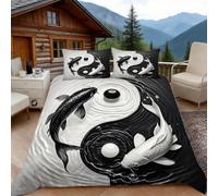 Copripiumino una Piazza e Mezza Carpa Koi, Copripiumino Filosofia Orientale 3D Microfibra Biancheria da Letto 200x200 Duvet Cover con 2 x Federe 50x80 cm
