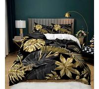 Copripiumino una Piazza e Mezza Foglie D'Oro Nere Copripiumino Microfibra Duvet Set Morbido Bedding 200x200 Duvet Cover con 2 Federe Cuscini(50x75cm)