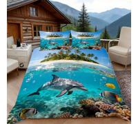 Copripiumino una Piazza e Mezza Simpatico Delfino, Copripiumino Oceano Tropicale 3D Microfibra Biancheria da Letto 200x200 Duvet Cover con 2 x Federe 50x80 cm