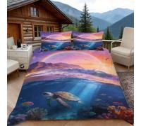 Copripiumino una Piazza e Mezza Tartaruga di Spiaggia, Copripiumino Arcobaleno 3D Microfibra Biancheria da Letto 200x200 Duvet Cover con 2 x Federe 50x80 cm