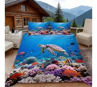 Copripiumino una Piazza e Mezza Tartaruga Marina Barriera Corallina, Copripiumino Paesaggio Subacqueo 3D Microfibra Biancheria da Letto 200x200 Duvet Cover con 2 x Federe 50x80 cm