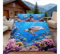 Copripiumino una Piazza e Mezza Tartaruga Marina e Barriera Corallina, Copripiumino Color Corallo 3D Microfibra Biancheria da Letto 200x200 Duvet Cover con 2 x Federe 50x80 cm