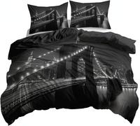 Copripiumino Una Piazza e Mezza Vista Notturna Città, Morbida Microfibra Biancheria da Letto Nero Reversibile New York City Copripiumini 200x200 con 2 Federe 50x80 cm 3D Copripiumina Set r.7076