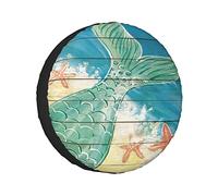 Copriruota di scorta Colore coda di sirena Coda di pesce sirena e stelle marine sulla spiaggia sabbiosa su tavola di legno rustica Protezioni per ruote Copriruota resistenti alle intemperie Misura u