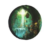 Copriruota di scorta Forest Green Forest And Waterfall With Elf Fantasy Forest Nature Sfondo mistico Protezioni per ruote Copriruota resistenti alle intemperie Universal Fit for Trailer RV SUV Campe