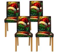 Coprisedia con cappello di Babbo Natale, per sedie da pranzo, decorazioni natalizie in spandex rosso, con stampa natalizia e agrifoglio, per soggiorno, sala da pranzo, cucina, banchetti e ufficio, 4
