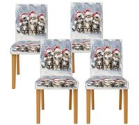 Coprisedia per sedie da pranzo, motivo gattini, cappello di Babbo Natale, fiocchi di neve, blu, in spandex, lavabile, decorazione per sala da pranzo, hotel, inaugurazione della casa, 4 pezzi