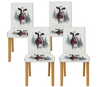 Coprisedia per sedie da pranzo, motivo mucca, stile rustico, con nastro rosso e alberi innevati, in spandex nero, lavabile, decorazione per cucina, ufficio, conferenze, 4 pezzi