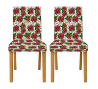 Coprisedia per sedie da pranzo, motivo stella di Natale, sfondo bianco con foglie natalizie rosse, in spandex lavabile, traspirante, decorazione per cucina, soggiorno, feste, 2 pezzi
