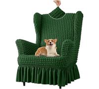 Coprisedia Universale Elasticizzato in Tessuto Seersucker, Lavabile, Antiscivolo, con Gonna, per Soggiorno, Set di Protezione per Sedia con Ali A Bolle(Dark Green,Chair+Ottom)