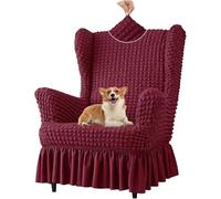 Coprisedia Universale Elasticizzato in Tessuto Seersucker, Lavabile, Antiscivolo, con Gonna, per Soggiorno, Set di Protezione per Sedia con Ali A Bolle(Wine Red,Chair)