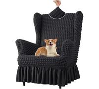 Coprisedia Universale Elasticizzato in Tessuto Seersucker, Lavabile, Antiscivolo, con Gonna, per Soggiorno, Set di Protezione per Sedia con Ali A Bolle(Black,Chair)