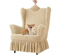 Coprisedia Universale Elasticizzato in Tessuto Seersucker, Lavabile, Antiscivolo, con Gonna, per Soggiorno, Set di Protezione per Sedia con Ali A Bolle(Dark Beige,Chair)