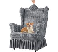 Coprisedia Universale Elasticizzato in Tessuto Seersucker, Lavabile, Antiscivolo, con Gonna, per Soggiorno, Set di Protezione per Sedia con Ali A Bolle(Gray,Chair)