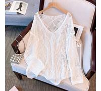 Coprispalle da donna a maglia larga con scollo a V e disegno a rombi, leggero e traspirante per spiaggia/resort, bianco per primavera/estate L,M,STessuto