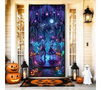 Copritorta di scheletro danzante per Halloween, 91 x 183 cm | Scena di danza gotica, striscione per porta d'ingresso, cimitero al chiaro di luna, tavolozza di colori vivaci