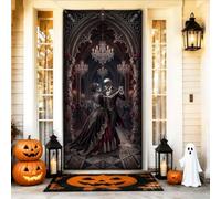 Copritorta gotica scheletro per sala da ballo per Halloween, 91 x 183 cm | Architettura gotica della sala da ballo, sfondo della porta d'ingresso, posa di danza romantica, abbigliamento d'epoca