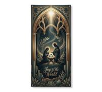 Copritorta religiosa con citazione di Natale, 91 x 182 cm | Cornice ad arco gotico, striscione per porta d'ingresso, paesaggio con piante del deserto, gioia al mondo tipografia