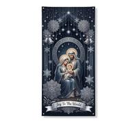 Copritorta religiosa con citazione di Natale, 91 x 182 cm | Illustrazione di scena religiosa, striscione porta d'ingresso, accenti ornati fiocco di neve, tema festa religiosa