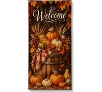 Copritorta rustica autunnale con zucche di benvenuto, 91 x 182 cm | Stile rustico, cartello per porta d'ingresso, tema raccolto stagionale, uccello realistico e foglie d'acero