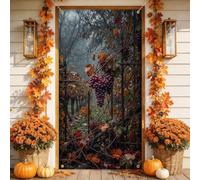 Copritorte autunnale a tema vigneto, 91,4 x 182,9 cm | Paesaggio dei vigneti, sfondo della porta d'ingresso, cancello in ferro battuto, tema raccolto, decorazione stagionale del