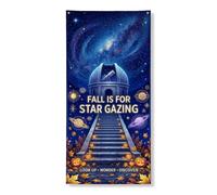 Copritorte autunnale con citazione dell'Osservatorio delle stelle, 91,4 x 182,9 cm | Starry Skyline, Banner porta d'ingresso, Osservatorio spaziale, pianeti incandescenti, Foglie d'acero cadenti, Accenti zucche
