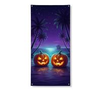 Copritorte decorative per porte con zucche, con palma tropicale, luna di Halloween, arancione, con corda, decorazione per la casa, per portico, porta, interni ed esterni, feste, 91 x 182 cm