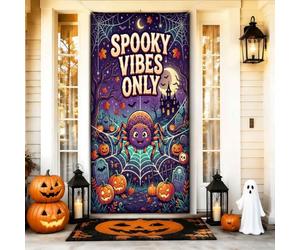 Copritorte per porta con citazione di Halloween con ragno spettrale, 91 x | Jack-o'-lanterns, Striscione porta d'ingresso, casa infestata, ragnatela, foglie di autunno, illustrazione fantasiosa
