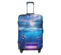 Coprivaligia con motivo Ocean Treasure Chest Dolphins Moonlight, elastico, lavabile, antigraffio, per valigie da 18 a 32 pollici M (22-24")